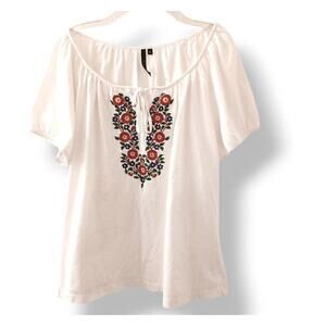 VNTG Cathy FLORAL EMBROIDERED Top Sz L White Boho Cottage Peasant Festival Flaws